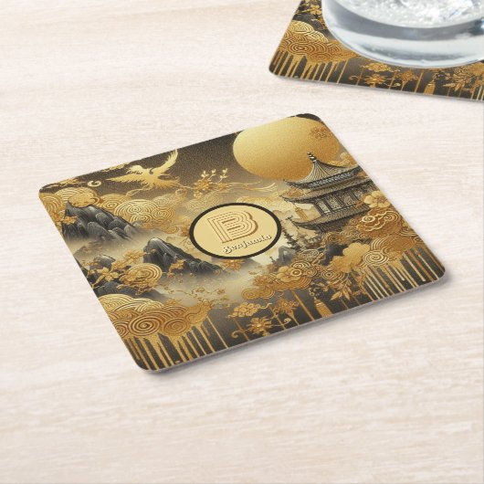 Chinees schilderij Faux Golden Dripping Monogramme Kartonnen Onderzetters (Schuin)