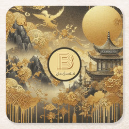 Chinees schilderij Faux Golden Dripping Monogramme Kartonnen Onderzetters