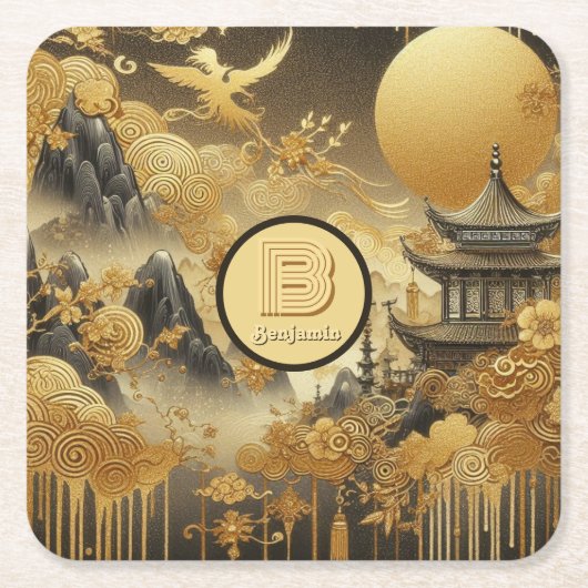 Chinees schilderij Faux Golden Dripping Monogramme Kartonnen Onderzetters (Voorkant)