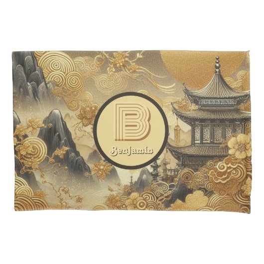Chinees schilderij Faux Golden Dripping Monogramme Kussensloop (Voorkant)