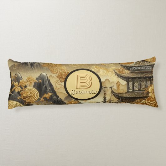 Chinees schilderij Faux Golden Dripping Monogramme Lichaamskussen (Achterkant)