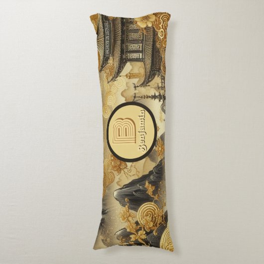 Chinees schilderij Faux Golden Dripping Monogramme Lichaamskussen (Voorkant Verticaal)