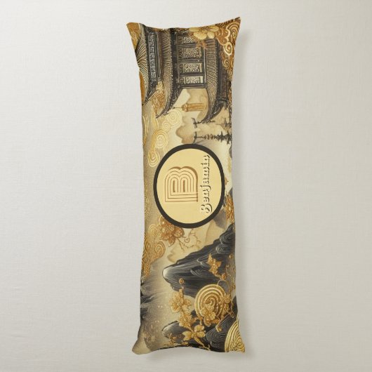 Chinees schilderij Faux Golden Dripping Monogramme Lichaamskussen (Achterkant (Verticaal))