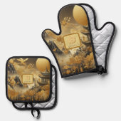 Chinees schilderij Faux Golden Dripping Monogramme Ovenwant & Pannenlap Set (Voorkant / Achterkant)