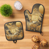 Chinees schilderij Faux Golden Dripping Monogramme Ovenwant & Pannenlap Set (Top down)