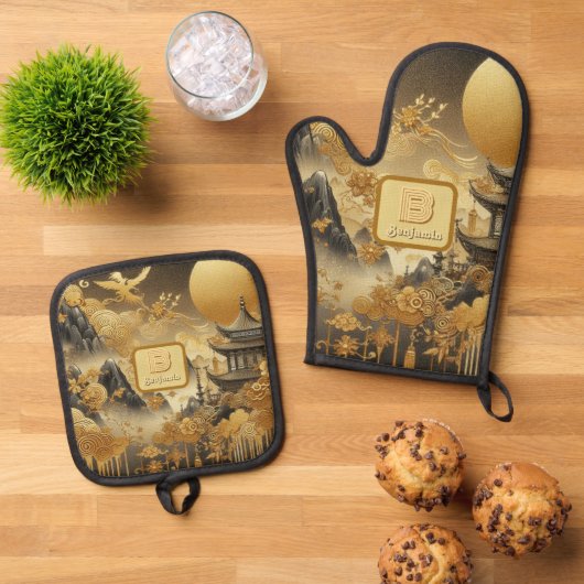 Chinees schilderij Faux Golden Dripping Monogramme Ovenwant & Pannenlap Set (Top down)