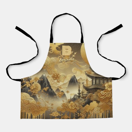 Chinees schilderij Faux Golden Dripping Monogramme Schort (Voorkant)