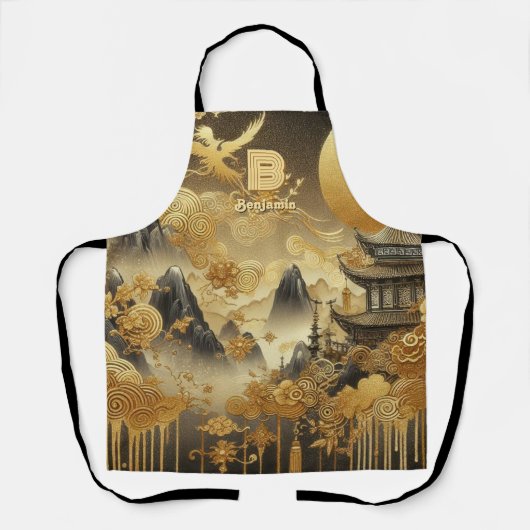 Chinees schilderij Faux Golden Dripping Monogramme Schort (Voorkant)