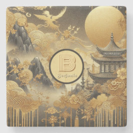 Chinees schilderij Faux Golden Dripping Monogramme Stenen Onderzetter