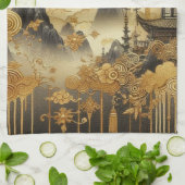 Chinees schilderij Faux Golden Dripping Monogramme Theedoek (Gevouwen)