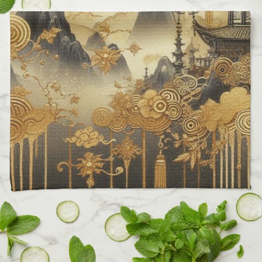 Chinees schilderij Faux Golden Dripping Monogramme Theedoek (Gevouwen)