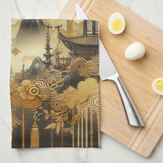 Chinees schilderij Faux Golden Dripping Monogramme Theedoek (Quarter Fold)