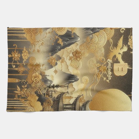 Chinees schilderij Faux Golden Dripping Monogramme Theedoek (Horizontaal)