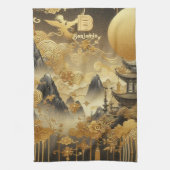 Chinees schilderij Faux Golden Dripping Monogramme Theedoek (Verticaal)