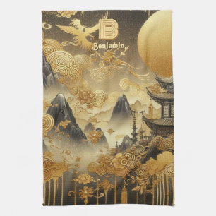 Chinees schilderij Faux Golden Dripping Monogramme Theedoek