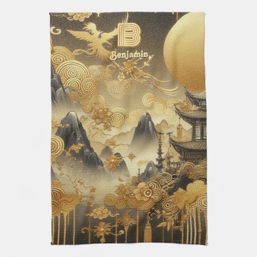 Chinees schilderij Faux Golden Dripping Monogramme Theedoek (Verticaal)