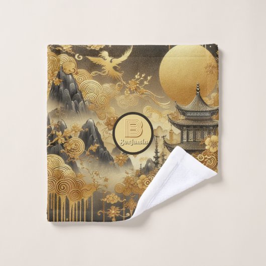Chinees schilderij Faux Golden Dripping Monogramme Washandje (Wasdoekje)
