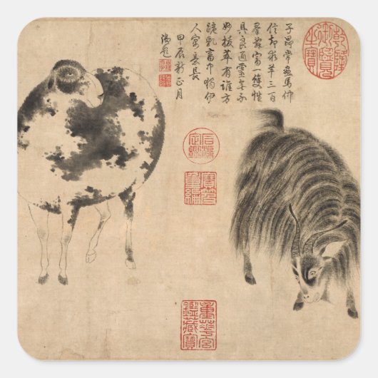 Chinees schilderij Ram Geit Maanjaar Zodiac SqS Vierkante Sticker (Voorkant)