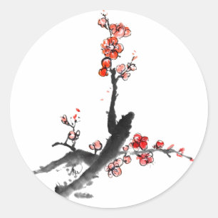 Chinees schilderij van bloemen, bloesem ronde sticker