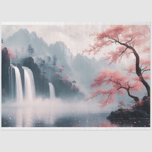 Chinees schilderij Waterval en kersenbloesem Tissuepapier (Voorkant)
