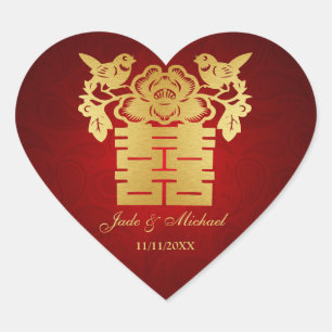Chinees Tortelduifjes Dubbel Geluk Bruiloft Hart Sticker