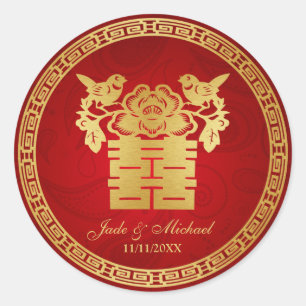 Chinees Tortelduifjes Dubbel Geluk Bruiloft Ronde Sticker