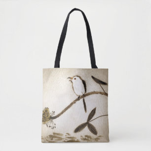 Chinees traditioneel inktschilderij met vogels tote bag