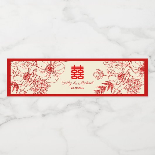 Chinees trouwrood beige bloemmotief oosters waterfles etiket (Enkel label)