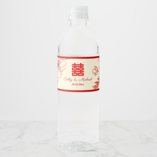 Chinees trouwrood beige bloemmotief oosters waterfles etiket (Voorkant)