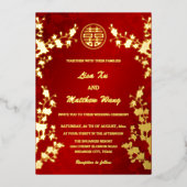 Chinees tweetalig | Red Cherry Blossom Bruiloft Folie Uitnodiging (Voorkant)