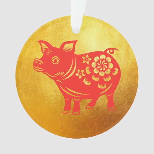Chinees varkensjaar Red Papercut Gold R Ornament (voorkant)