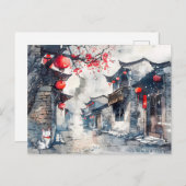 Chinees Waterverf Lantaarn-Lit Oude Stad Briefkaart (Voorkant / Achterkant)