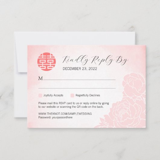 Chinees Waterverf Pioen Bruiloft RSVP met QR Code (Voorkant)