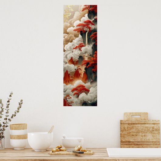 Chinees Wolken Rood Goud Wit Kleur Poster (Keuken)