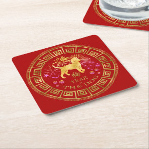 Chinees Zodiac Dog Red/Gold ID542 Kartonnen Onderzetters