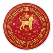 Chinees Zodiac Dog Red/Gold ID542 Keramische Knop (Voorkant)
