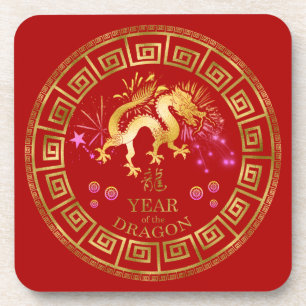 Chinees Zodiac Dragon Red/Gold ID542 Bier Onderzetter