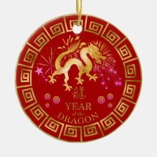 Chinees Zodiac Dragon Red/Gold ID542 Keramisch Ornament