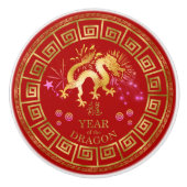 Chinees Zodiac Dragon Red/Gold ID542 Keramische Knop (Voorkant)