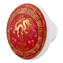 Chinees Zodiac Dragon Red/Gold ID542 Keramische Knop
