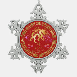 Chinees Zodiac Dragon Red/Gold ID542 Tin Sneeuwvlok Ornament