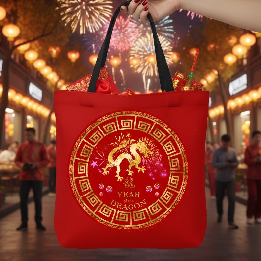 Chinees Zodiac Dragon Red/Gold ID542 Tote Bag