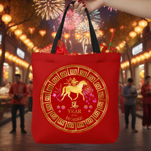 Chinees Zodiac Horse Red/Gold ID542 Tote Bag