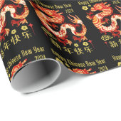 Chinees Zodiac Jaar van de Draak 2024 Zwart Cadeaupapier (Rol Hoek)
