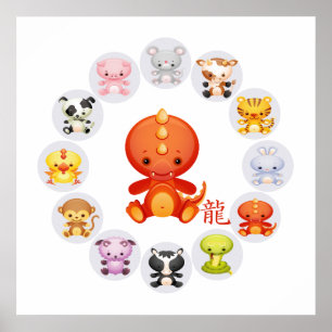 Chinees Zodiac-jaar van de draak over wit Poster