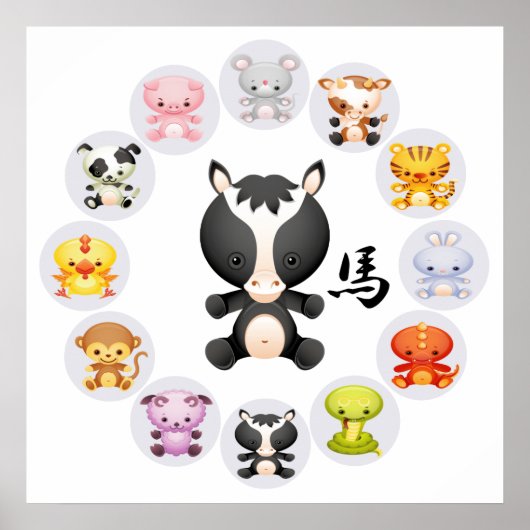 Chinees Zodiac-jaar van de paardenronde Poster (Voorkant)