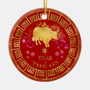 Chinees Zodiac Ox Red/Gold ID542 Keramisch Ornament