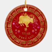 Chinees Zodiac Ox Red/Gold ID542 Keramisch Ornament (Achterkant)