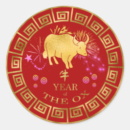 Chinees Zodiac Ox Red/Gold ID542 Ronde Sticker