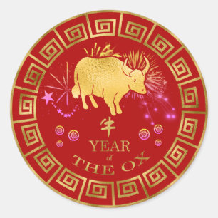 Chinees Zodiac Ox Red/Gold ID542 Ronde Sticker